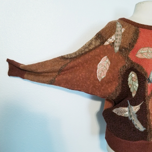 Vintage 80's retro hippie boho bird leaf sweater L - Picture 7 of 7